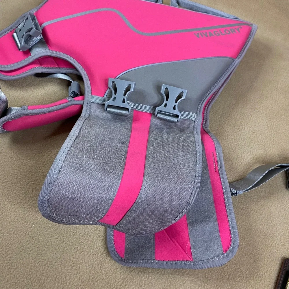 Viva Glory Dog Life Vest Pink‎ Gray Reflective Safety Padded Pet Floatation Lg